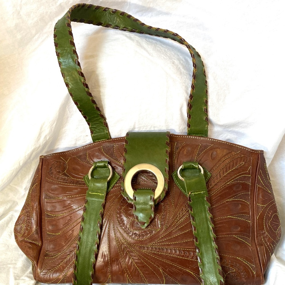 Tooled and Embroidered Leather Shoulder Bag
